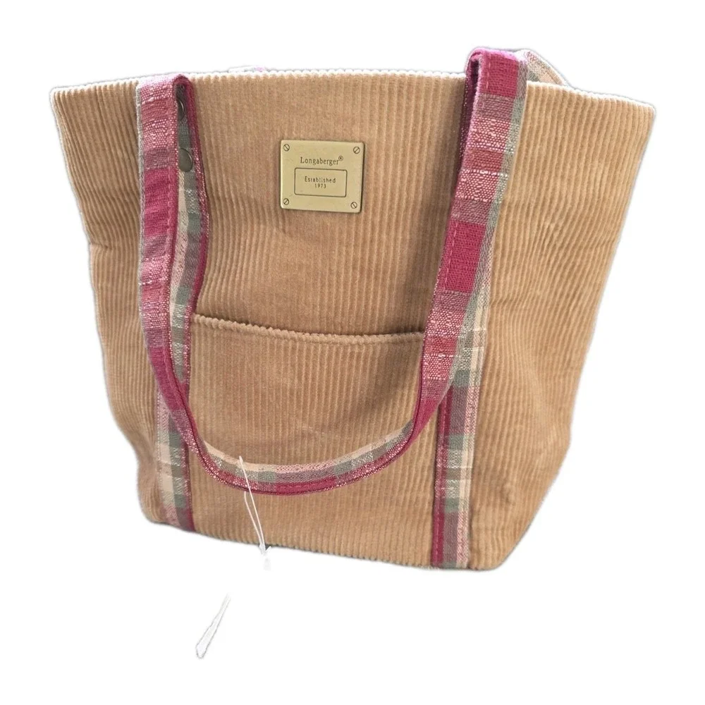 Longaberger Homestead Tan Corduroy‎ Red Plaid Handle Handbag Purse